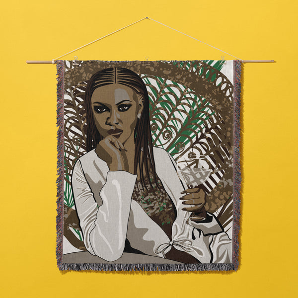 Self-Care Sunday Throwfeatures illustration of beautiful black woman with cornrows holding a wine glass on a yellow background