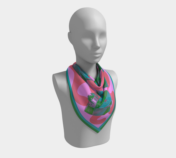 Teal and Green Frame Silk Charmeuse Scarf "Super 8" 26 in x 26 in