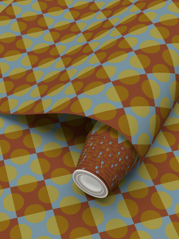Circular Squares Wallpaper in Carolina Blue & Rust