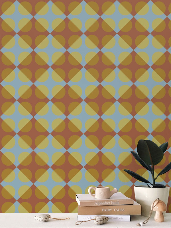 Circular Squares Wallpaper in Carolina Blue & Rust