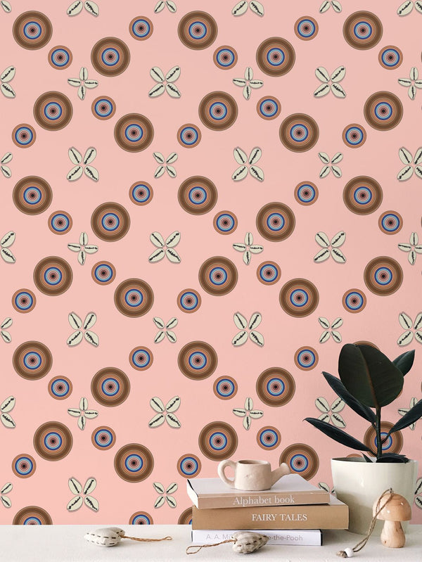 Cowrie Shells and Eyes Wallpaper in Tea Rose