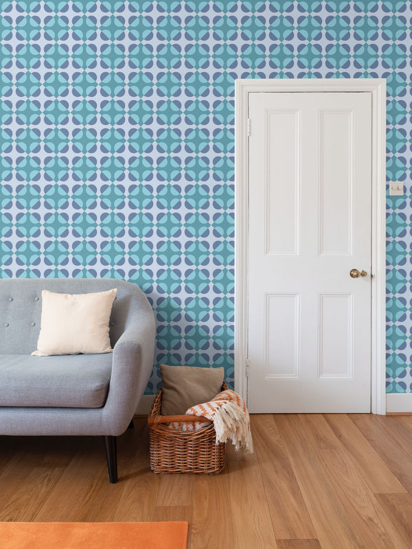 Circular Squares Wallpaper in Carolina Blue & Turquoise