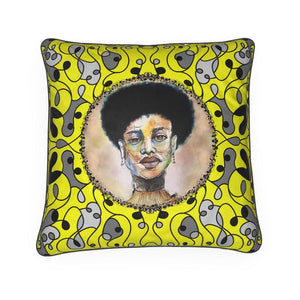 Decorative Throw Pillow with watercolor portrait of black woman centered on a yellow  pattern 