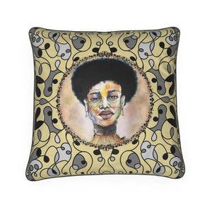Decorative Throw Pillow with watercolor portrait of black woman centered on a bone  pattern 