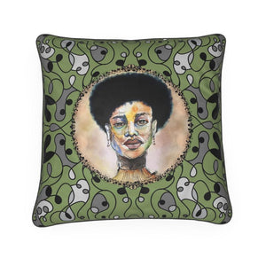 Decorative Throw Pillow with watercolor portrait of black woman centered on a Froest  pattern 