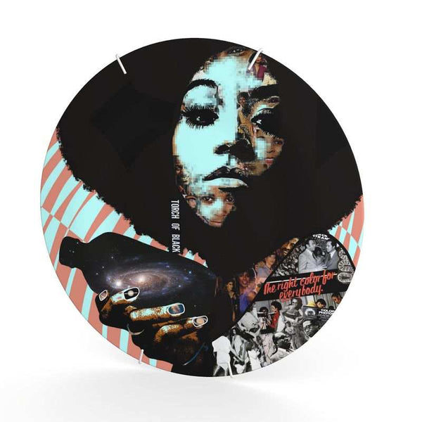 Decorative wall plate with image of black woman holding bottle of the universe