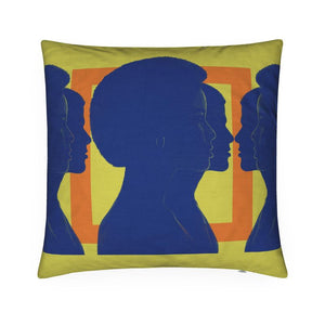 Front: Decorative Throw pillow with cyan silhouette of African American couple on saffron backtround