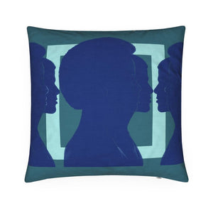 Front: Decorative Throw pillow with cyan silhouette of African American couple on teal backtround