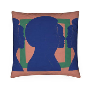 Front: Decorative Throw pillow with cyan silhouette of African American couple in coral green background