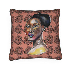 Decorative throw pillow features an exquisite gouache portrait of a beautiful Black woman, set against an abstract backdrop of mesmerizing black spirals and black piping