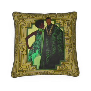 Decorative throw pillow designed Black female artist-designed pillow features two retro Black women in green, set against a gold backdrop with black abstract lines, celebrating African American culture.