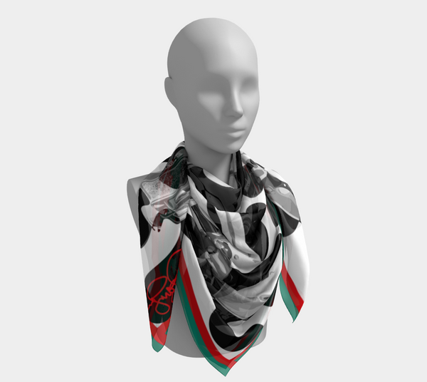Red, Black and Green Silk Charmeuse Scarf "Super 8" 26 in x 26 in