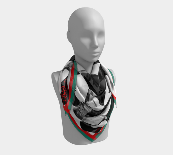 Red, Black and Green Silk Charmeuse Scarf "Super 8" 26 in x 26 in