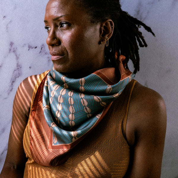 Ketanji silk twill scarf in brown and teal by Johnalynn Holland.