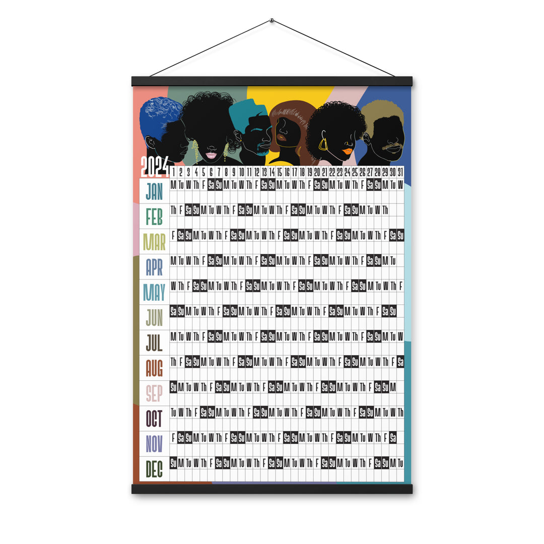 Black Abundance Year-At-A-Glance Calendar features a montage of six  80s themed silhouetted black face hover above over a single page 2024 calendar and hangs from a hanger